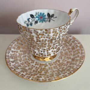 Vintage Queen Anne Bone China Teacup and Saucer Golden Leaves Made in England